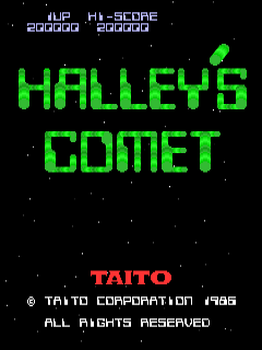 The title screen displays "HALLEY'S COMET" in large bright green pixelated letters centered on a black starfield background. Score displays appear in the top-left corner showing "1UP" and "HI-SCORE" with numerical values. The Taito copyright notice appears at the bottom in red text, reading "© TAITO CORPORATION 1985" and "ALL RIGHTS RESERVED". A small green comet sprite is visible in the upper-right area of the screen.