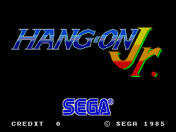 The Hang-On Jr. arcade title screen displays the game logo in blue italicized text with a red and yellow stylized motorcycle or curved shape to the right. Below the logo, 'SEGA' appears in blue capital letters. At the bottom left, white text reads 'CREDIT 0' and bottom right shows '© SEGA 1985'. The background is black, creating stark contrast with the colored text elements typical of mid-1980s arcade title screens.
