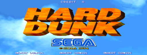 The Hard Dunk title screen displays the game's large orange 3D-style logo in the center against a bright blue sky background with white clouds. Below the title sits the Sega logo in blue and white, with "© SEGA 1994" text underneath. At the top, "CREDIT 0" appears in white text. Text reading "INSERT COIN" is positioned in the lower left and right corners, typical of arcade game UI. The overall visual style features bright colors and a clean, simple layout characteristic of early-1990s Sega arcade titles.