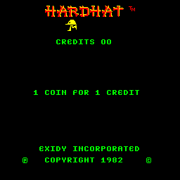 The title screen displays 'HARDHAT' in large orange pixelated text at the top, with a yellow arrow pointing down below it. Green text shows 'CREDITS 00' in the upper portion. Centered on the black background are three lines of green text reading '1 COIN FOR 1 CREDIT', with 'EXIDY INCORPORATED' and 'COPYRIGHT 1982' appearing at the bottom, flanked by small circular symbols on either side. The entire display uses a monochrome green and orange color scheme typical of early 1980s arcade cabinets.