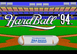 The title screen displays 'HardBall '94' in large white script lettering centered over a baseball stadium background with green field, orange dirt infield, and yellow grandstand seating. Below the title, a white banner contains blue text reading 'PROGRAMMING' and 'JEFF Schartz'. The stadium architecture features vertical blue posts and metal framework across the top of the screen. A baseball sits on the dirt diamond in the lower-left portion of the scene.