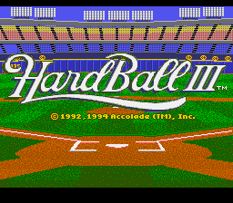 The title screen features the HardBall III logo in large white script lettering centered against a blue stadium background. Below the logo sits a baseball diamond rendered in brown and green, with white base markers visible. A pixelated grandstand with a checkered pattern fills the upper portion of the screen. Copyright text reading '© 1995-1999 Accolade (US), Inc.' appears in small white text below the diamond. The overall color palette uses bright blue, green, brown, and white tones typical of SNES-era baseball games.