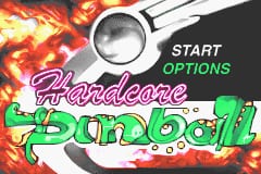 The title screen displays 'Hardcore Pinball' in large pink and green stylized text against an explosion effect background in the upper half. A silver pinball machine plunger graphic sits in the upper right, accompanied by white text reading 'START' and 'OPTIONS' in green. The background features orange and red flames with darker smoke effects, creating a dynamic, energetic visual atmosphere characteristic of Game Boy Advance sprite-based graphics.
