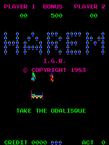 The title screen displays pixel art text at the top showing "PLAYER 1", "BONUS", and "PLAYER 2" with score counters below reading "00", "500", and "00" respectively. The center features the game title "I.G.R." in magenta text with "COPYRIGHT 1983" beneath it. Below that sits a blue and magenta pixel sprite of a character with a crown-like shape. Green text at the bottom reads "TAKE THE ODALISQUE" with "CREDIT 0000 000" and "ACT 1" displayed in the lower corners. The background is black with cyan, magenta, and green colored text and sprites throughout.