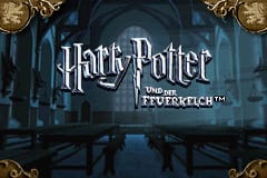 The Harry Potter and the Goblet of Fire title screen displays the franchise logo in ornate white lettering centered against a dark blue stone archway. Golden decorative elements flank the top corners, and the Triwizard Cup trademark notice appears below the title. The background shows a shadowed castle interior with architectural stone details, creating a gothic atmosphere typical of the Harry Potter setting. The overall art style uses low-resolution pixel graphics characteristic of Game Boy Advance titles.