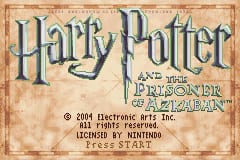 The title screen displays "Harry Potter and the Prisoner of Azkaban" in large ornate lettering at the top center, rendered in a pale gold serif font against a beige parchment-textured background. Below the title, copyright text reads "© 2004 Electronic Arts Inc." and "All Rights Reserved." in smaller black text. At the bottom, white text states "Press START" to begin. The overall design uses warm tan and brown tones with a weathered, aged paper appearance typical of Game Boy Advance title screens.