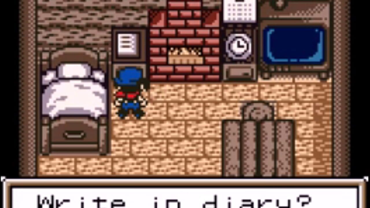 A bedroom interior shown in top-down perspective with a sprite character in blue clothing standing on tan brick flooring. A white bed with brown headboard occupies the left wall, with furniture including a desk with documents, blue chair, and red brick wall visible in the upper portion. A monitor with blue screen, clock, and calendar display various UI elements along the upper wall. Brown wooden crates stack in the lower right. At the bottom, text dialogue reads 'Write in diary?' in a simple sans-serif font against a white text box.
