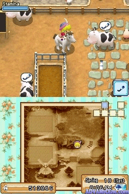 The screen displays a split view of Harvest Moon DS: Grand Bazaar on DS. The top half shows an overhead town map with brown dirt paths, stone tiles, and two NPCs wearing cow-spotted outfits standing near buildings and a wooden structure. The bottom half shows an interior room with light blue floral wallpaper, where a character with yellow hair stands among scattered items and furniture. UI elements include a health bar labeled "81/100" at bottom left, a time display showing "Relay-10 days" at bottom right, and a minimap in the lower right corner with grid layout details.