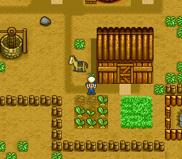 A top-down view of a farm layout with a small character sprite positioned left of center on a tan-colored ground. A wooden barn structure with a dark roof occupies the upper-right area. Green bushes and hedges form boundaries and pathways throughout the scene. Wooden fence sections line the left and bottom edges. Additional structures including what appears to be a silo or storage building are visible in the background. The pixel art uses a limited color palette of browns, greens, and tans typical of SNES-era graphics.