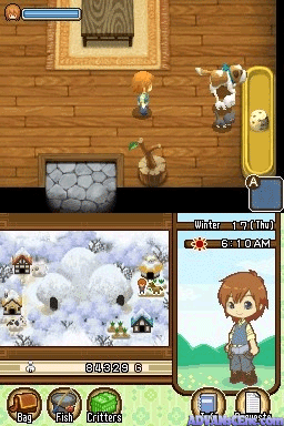 A dual-screen DS display showing Harvest Moon: The Tale of Two Towns gameplay. The top screen depicts a wooden interior room with a stone fireplace, scattered items on the floor, and a blue-outlined player character in the center. The bottom screen features a winter landscape map with snow-covered terrain, scattered buildings and objects, and a small character portrait in the lower right showing a brown-haired boy in casual clothing. UI elements include health bars, item inventory icons along the bottom, and gold currency counter displaying numbers.