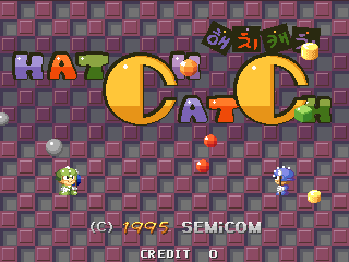The title screen displays large yellow circular letters spelling "Catch" with colorful pixel art characters positioned around them on a checkered pink and gray background. In the upper left, small sprite characters and objects are scattered across the screen. At the bottom, copyright text reads "(C) 1995 SEMICOM" with "CREDIT 0" displayed in the lower left corner. The art style features low-resolution pixel graphics typical of early 1990s arcade games, with a vibrant color palette of blues, reds, yellows, and greens.