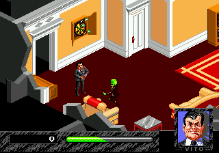 An isometric view of a red-carpeted room with orange-yellow walls and white trim. A green-skinned ghost character hovers near the center, with a blue-uniformed human figure to the right. A couch sits in the foreground with an orange-red cushion. The bottom-left displays a health bar in green, and the bottom-right corner shows a character portrait of a smiling face with orange hair in a small UI window. Pixel art style with 16-bit color depth typical of Genesis-era games.