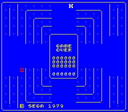 A blue screen displays the title "GAME OVER" in yellow text centered in a rectangular box. Below the title, six rows of white and yellow dots form a grid pattern, resembling the play field layout. Gold-colored corridor walls create a maze-like border around the entire screen. The copyright text "© SEGA 1979" appears in yellow at the bottom left corner. The overall aesthetic uses primary colors with simple pixelated graphics typical of early arcade games.