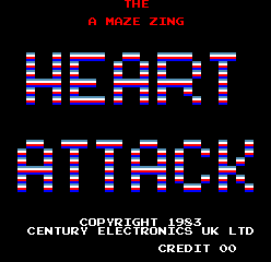 The title screen displays "THE MAZE KING" in red at the top, followed by "HEART ATTACK" in large pixelated magenta and cyan letters arranged in two rows. Below the title text, copyright information reads "COPYRIGHT 1983 CENTURY ELECTRONICS LTD" and "CREDIT 00" in white text on a black background. The character sprites and text use a low-resolution 8-bit pixel art style typical of early 1980s arcade games.