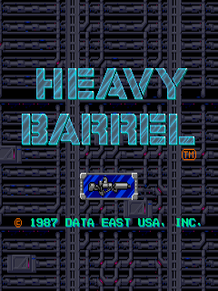 The title screen displays 'HEAVY BARREL' in large cyan pixelated letters centered on screen. Below the title sits a small blue sprite of an armed soldier facing right. The background shows a repeating dark gray industrial pattern of rectangular shapes resembling a building facade. In the bottom left corner, a green copyright notice reads '© 1987 DATA EAST USA, INC.' An orange 'HIT' indicator appears in the lower right corner. The overall color palette consists of dark grays, cyan, blue, green, and orange on a black background.