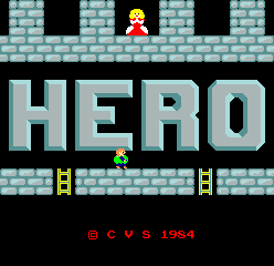 The title screen features the word "HERO" in large light blue pixelated letters centered on a brick wall background made of light blue and dark gray blocks. Above the text sits a small yellow sprite character with a red cap positioned on the top of the wall. Below the letters are two small ladder graphics flanking the text. At the bottom of the screen, red text reads "MCVS 1984" against a black background. The overall art style uses a limited color palette with blocky, low-resolution sprites typical of early 1980s arcade games.