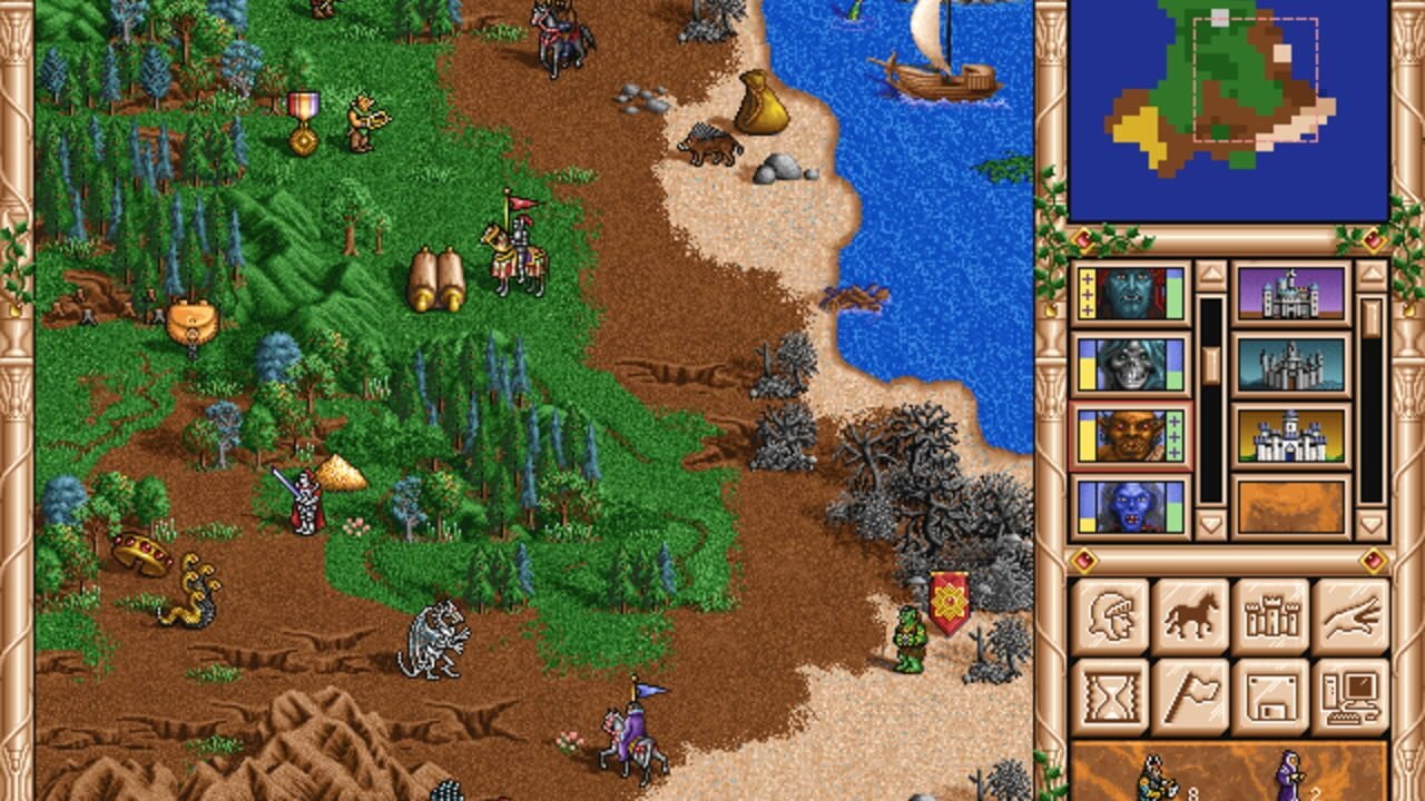 A top-down isometric game map displays a medieval landscape with green forests, brown dirt paths, and blue water featuring a sailing ship. The left side shows scattered troops, buildings, and a mounted knight in purple armor. The right panel contains eight castle or town preview windows showing different building structures, plus icon buttons below depicting military units, resources, and game functions. A small map inset in the upper right corner shows the overall terrain layout in miniature. The entire interface uses a beige ornamental frame border.