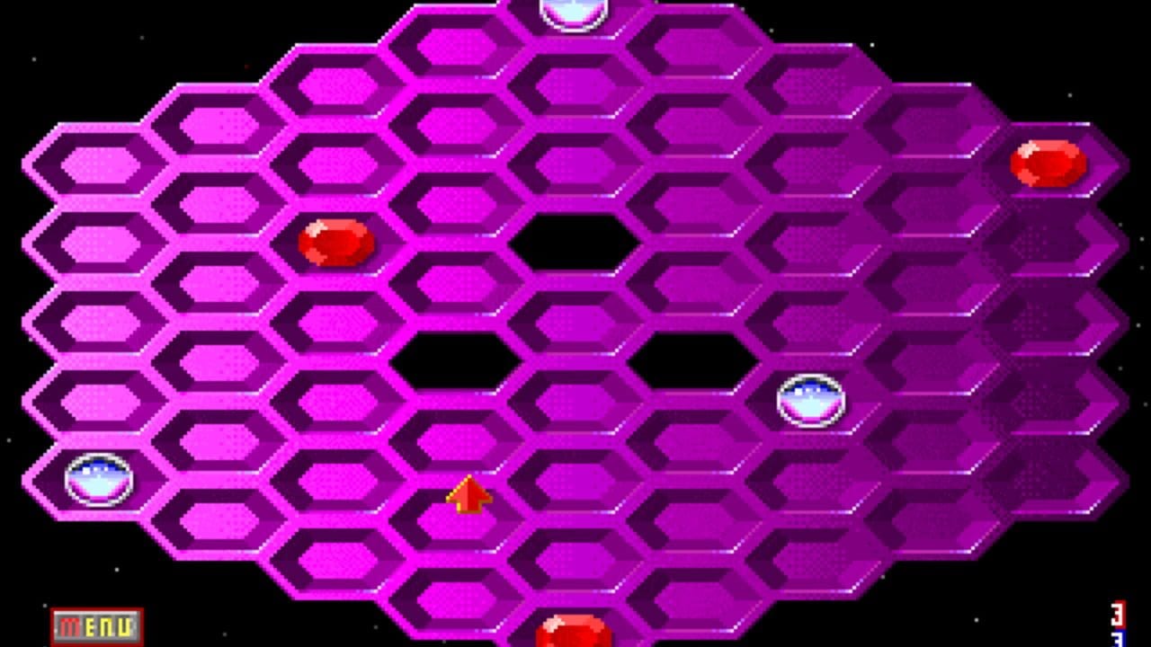 A hexagonal grid-based game board fills the screen with bright magenta and purple tiles arranged in an isometric pattern against a black starfield. Two red circular pieces occupy the upper-left and upper-right areas, while two light blue circular pieces sit in the middle-left and middle-right sections. A yellow arrow-shaped cursor points downward in the center area. Three black hexagonal gaps break the grid pattern. A red menu box labeled 'MENU' appears in the lower-left corner, with the number '3' visible in the lower-right corner.