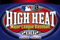 The title screen displays a large red banner with white letters reading 'HIGH HEAT Major League Baseball' centered at the top. Below the text sits an MLB logo, and a small baseball player figure appears in the upper right corner. The background features blue horizontal scan lines typical of GBA graphics. At the bottom, white text reads 'PRESS START' against the dark background. The overall layout is symmetrical with the red banner dominating the upper half of the screen.