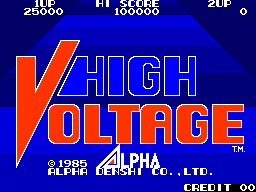 The title screen features large blocky letters spelling "HIGH VOLTAGE" in red and blue against a dark blue background. A stylized red checkmark or lightning bolt shape forms the left side of the "V". Below the title, copyright text reads "© 1985 ALPHA DENSHI CO., LTD." in white. Score displays appear at the top of the screen showing "1UP 20000", "HI SCORE 160000", and "2UP" with corresponding numbers. The arcade cabinet's standard UI elements include credit counter "CREDIT 00" in the lower right corner. The overall aesthetic is typical of mid-1980s arcade cabinet graphics with blocky pixel fonts and primary color contrasts.