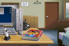 A classroom interior displays a wooden desk in the foreground holding a colorful Go board game with scattered stones. Behind the desk stand blue bulletin boards, file cabinets, a brown door, a clock, and a closed locker. The right side shows a bed or couch in shadow. The scene uses a limited color palette of beige, blue, brown, and gray with flat sprite-based graphics typical of GBA-era visual novels.