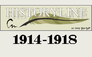The title screen displays 'HISTORYLINE' in large outlined letters at the top, with a stylized green curved brushstroke or swoosh element beneath it. Below this is a handwritten-style signature. The years '1914-1918' appear in bold black text in the lower portion of the screen. The background is a light beige or cream color. A copyright mark and '1992 Blue Byte' credit appear in small text in the bottom right corner.