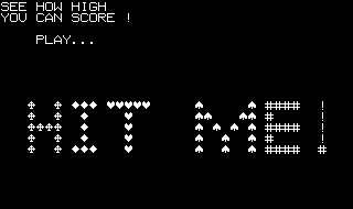 A black screen displays white text at the top reading 'SEE HOW HIGH YOU CAN SCORE' and 'PLAY...' below. The center and lower portion shows multiple patterns made of small white symbols arranged to form blocky letter shapes, including triangles, plus signs, and hash marks representing stylized ASCII-art text. Vertical lines and dashes border the right edge. The monochrome display uses simple geometric characters typical of early 1970s arcade vector or character-based graphics.