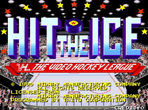 The title screen displays "HIT THE ICE" in large purple and white block letters centered on a black background. Colorful stars and snowflake sprites scatter across the top half in red, yellow, and orange. Below the main title, a red banner reads "THE WORLD HOCKEY LEAGUE" in white text. Beneath that are several lines of yellow text listing credits and copyright information for Taito Corporation and Williams. The overall composition uses a simple pixel-art style typical of early 1990s arcade cabinets.