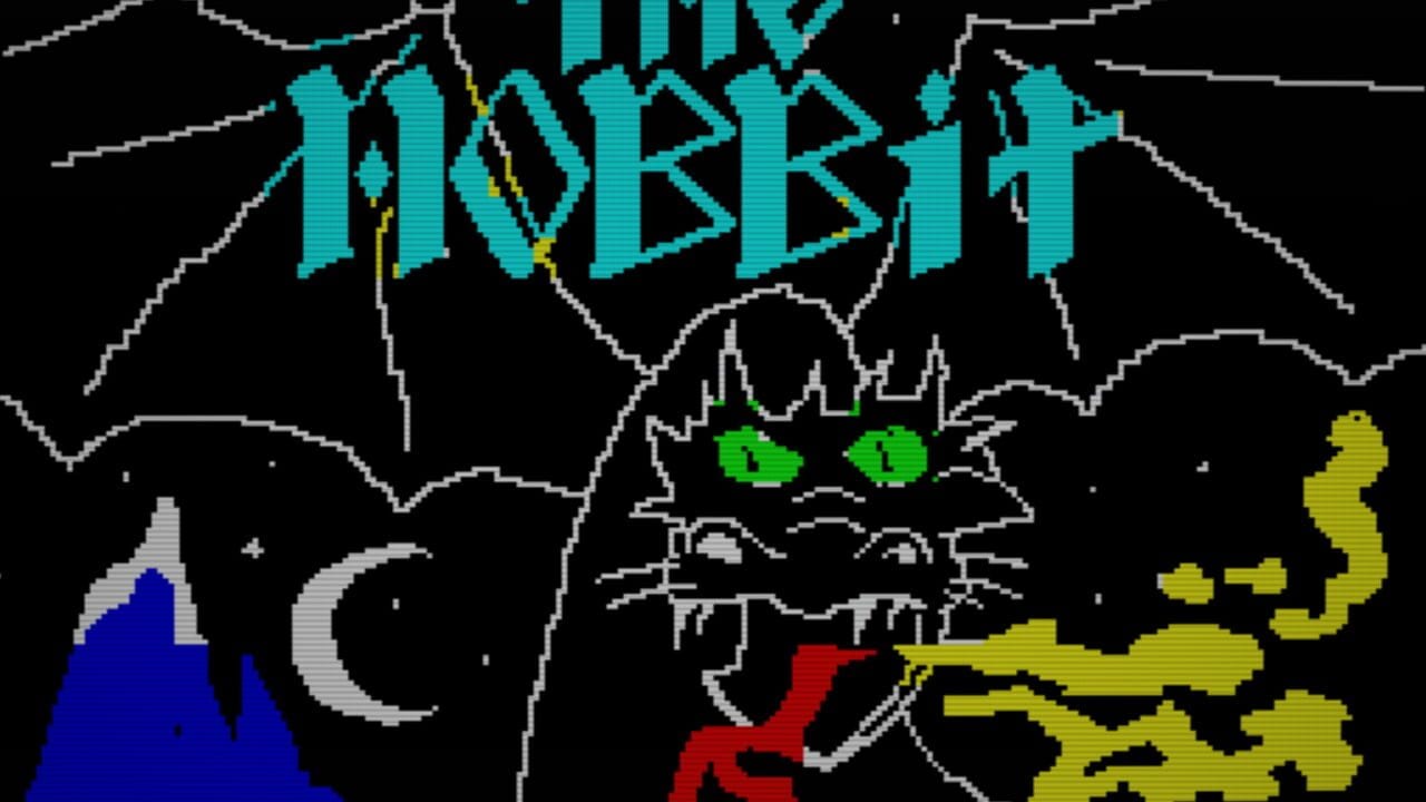 The cyan title "MORIA" dominates the upper portion of the screen against a black background. Below it sits a large pixelated cat face with bright green eyes and white whiskers. A crescent moon graphic appears in gray on the lower left, while yellow and red creature or terrain shapes occupy the right side. Lightning bolts and outline-style mountain silhouettes frame the composition in white and gray lines, creating an early 1980s vector-style aesthetic typical of DOS-era graphics.