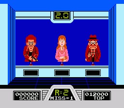 A shooting gallery arcade scene displays three pixelated characters standing in a row against a bright blue background within a cabinet-style frame. A green score counter reading 20 sits centered at the top. Below the characters are three dark rectangular target zones. The interface shows ammunition counts on both sides at the bottom, with left and right ammo displays flanking a center crosshair reticle.
