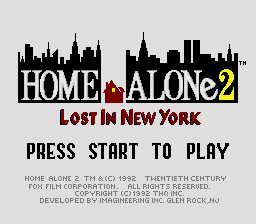 The title screen displays a black silhouette of a New York City skyline across the top, with the white text "HOME ALONE 2" overlaid in the center, followed by "Lost In New York" in red serif lettering below. A large red ornament graphic sits between the text elements. At the bottom, white pixelated text reads "PRESS START TO PLAY" in a standard 8-bit font. Below that appears copyright information for THQ/20th Century Fox and developer Imagineer. The background is a light gray, and the overall layout uses a simple two-color palette typical of early 1990s console title screens.
