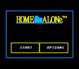 The title screen displays 'HOME ALONE' in large yellow text with a blue house silhouette integrated into the logo, set against a black background framed by a blue border. Below the title are two yellow-outlined buttons labeled 'START' and 'OPTIONS' in white text, centered on the screen. The overall layout uses a simple, clean menu design typical of early 1990s SNES games, with high contrast colors and pixelated typography.