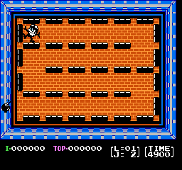 A brick wall fills the play area, displayed in orange and black pixelated blocks arranged in a grid pattern within a blue-bordered frame. The bottom of the screen shows a black status bar with white text reading "£000000" on the left, "TOP-000000" in the center, and Japanese characters with "(4305)" on the right. A small sprite character appears in the upper-left corner of the brick wall.