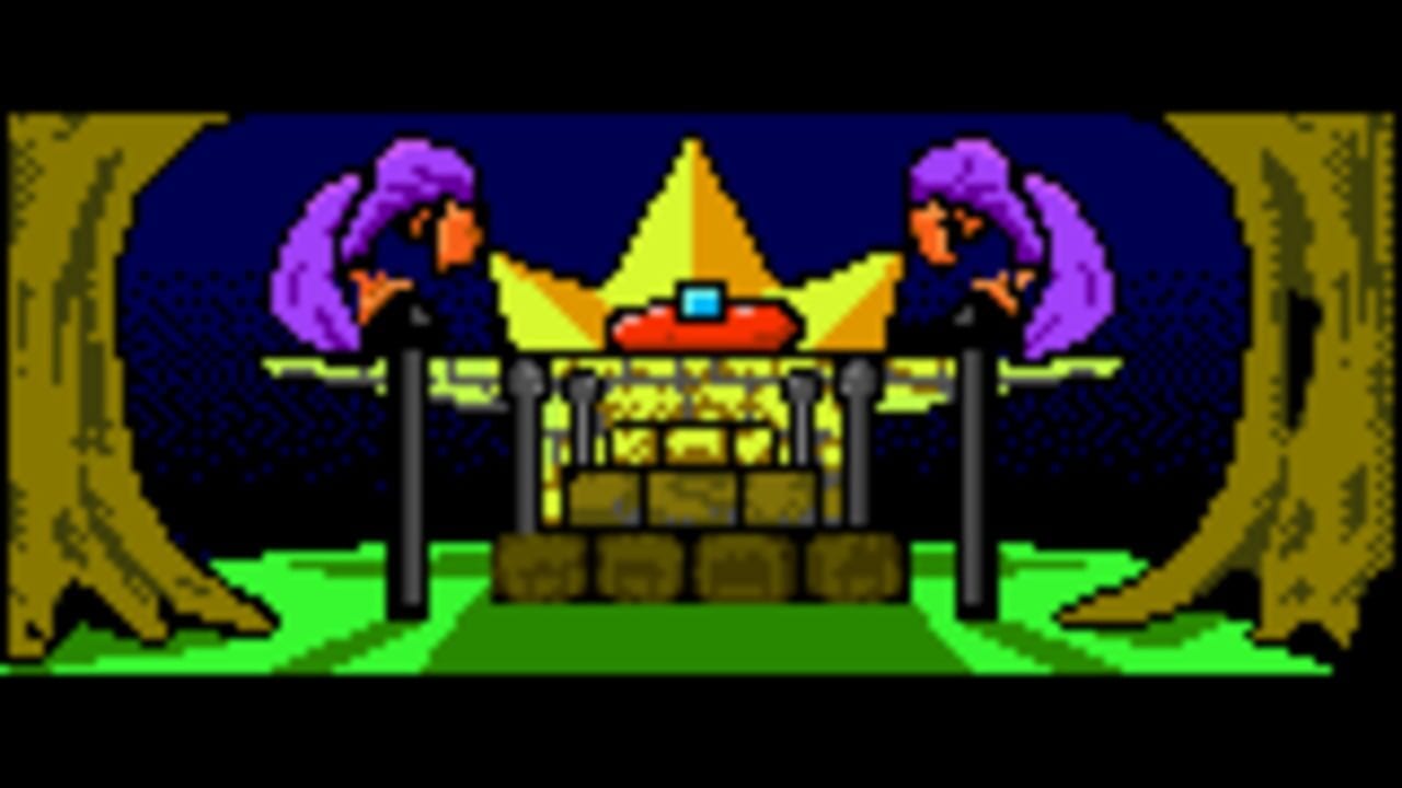 A symmetrical fantasy castle structure dominates the center of the screen with a large yellow star perched atop a red platform. Two purple-headed creatures with orange bodies flank the castle on either side. Dark olive-brown towers with yellow-tinted windows form the castle walls. Bright green ground extends across the lower portion, while gnarled brown tree trunks frame the left and right edges. The background is solid dark blue. Pixelated 8-bit art style with a limited color palette typical of Game Boy graphics.