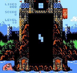 A large stone tower or dungeon entrance dominates the center of the screen, rendered in brown and orange pixels against a black interior void. The structure sits in a landscape with green grass at the bottom and blue water, with snow-capped mountains visible in the background under a light blue sky. Orange torches or braziers flank the tower entrance on both sides. At the top left, a UI panel displays "LINES 000", "SCORE", and "LEVEL 16" in blue text. A small white square, likely the player character, is visible inside the dark tower opening. The art style uses NES-era 8-bit sprites with a limited color palette of blues, greens, browns, and oranges.