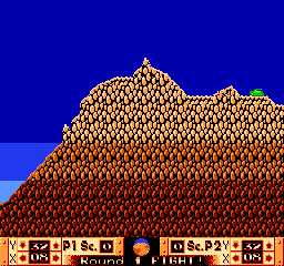 A large mountain landscape dominates the center, rendered in brown and orange pixelated patterns against a bright blue sky. The mountain has an irregular, jagged peak. At the bottom, a horizontal interface bar displays game information with small icon tiles showing status elements in white, red, and yellow against a beige background. The overall art style uses NES-era 8-bit sprite resolution and a limited color palette typical of early 2000s homebrew development.
