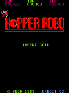 The title screen displays 'HOPPER ROBO' in large red pixelated letters at center. Score information appears in three columns at the top: '1UP', 'TOP', and '2UP' with numerical values displayed in small green text against the black background. Below the title, green text reads 'INSERT COIN'. At the bottom, copyright text states '© SEGA 1963' on the left with 'CREDIT 00' on the right, both in green text. The entire screen uses a minimal color palette of red, green, and black typical of early 1980s arcade games.