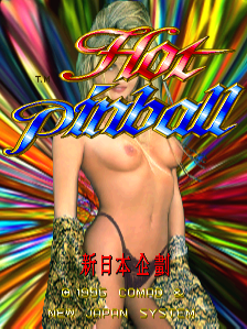 The title screen features a stylized female figure with bare upper body centered against a vibrant radiating starburst background in hot pink, yellow, blue, and orange. The game title 'Hot Pinball' appears in large red and yellow lettering across the upper portion. Below the figure, Japanese characters are visible along with developer credits reading 'COMAD', 'NEW JAPAN SYSTEM', and other text in white font. The overall composition uses a bold color palette typical of 1990s arcade aesthetics.