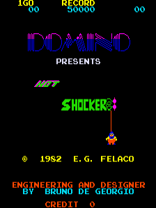 The title screen displays a bright magenta pixelated logo reading "DDRAIND" with "PRESENTS" in white below it. The main game title "SHOCKER" appears in large lime-green letters with a pixel-art orange spaceship sprite positioned beneath it. At the top left, yellow text shows "100" and "RECORD 50000" with "00" in cyan. The bottom section contains red text reading "ENGINEERING AND DESIGNER BY PETER DE GEORGIO" and "CREDIT 0", with white text stating "1982 E.G. FELACO" in the center. The background is black with yellow and cyan accents marking the UI elements.