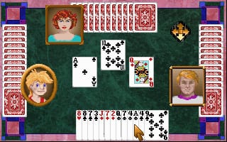 A card game interface displays a poker hand at the bottom showing ten cards spread across the green felt table. Four portrait frames with character faces occupy the corners, each topped with a red-backed card deck. The center shows dealt cards including spades and a face card, with additional card piles visible in the upper portion. The table border features alternating pink and blue decorative sections with small card back images arranged in vertical strips along the sides.