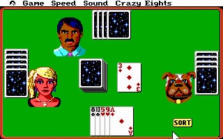 A card game interface displays a green felt playing surface with five pixelated character portraits positioned around the edges—a man with a mustache on the upper left, a woman with pink face makeup on the left, a brown dog-like character on the right, and two additional portraits at top center. Three card backs and one visible card showing diamonds suit occupy the center play area. Text labels reading "PHARMA" and "SORT" appear in the lower portion. The top menu bar shows "Game Speed Sound Crazy Eights" options. The overall color palette uses bright greens, reds, and earth tones typical of DOS-era graphics.
