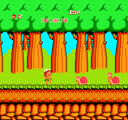 A tropical level with bright green sky features the player character in the center above a dense forest of vertical orange and yellow tree trunks with cyan gaps between them. Three round enemies appear in the lower portion of the screen. A brown brick platform forms the base layer, with a tan stone checkerboard pattern below. The top displays the game title and a score counter against the green background. The art uses bright primary colors and blocky pixel sprites typical of NES-era platformers.