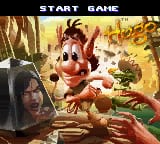 The title screen displays "START GAME" in white capital letters at the top. Hugo, a portly cartoon character with reddish-brown coloring, sits prominently in the center-right, surrounded by treasure, gems, and golden objects. Behind him is a dark blue or purple shadowed figure on the left side. The background features warm yellow and tan tones with scattered treasure imagery. The Game Boy Color's limited 8-bit color palette renders the scene in pixelated sprites typical of GBC-era games.