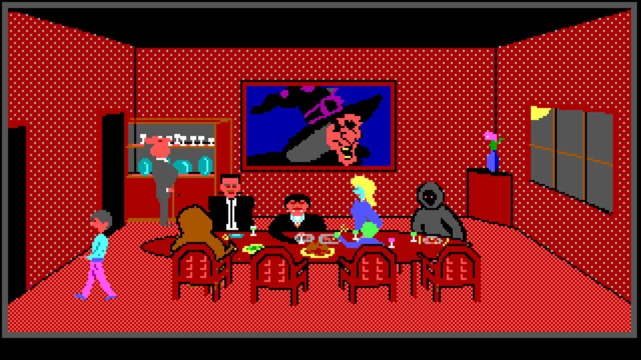 A red-patterned interior scene shows four characters seated around a red table in the center of a room. A blue-skinned figure stands on the left, while a brown-haired character, a man in a black suit, a small figure in dark clothing, and a gray skull-faced figure sit at the table with food and drinks. The room features red polka-dotted walls, a portrait of a caricatured villain on the upper wall, gray shelving on the right, and black structural elements. The low-resolution pixel art uses a limited color palette with cyan, yellow, and bright blue accents throughout the scene.