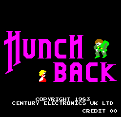 The title screen displays "HUNCH BACK" in large magenta pixelated letters against a black background. A small yellow character sprite appears on the left side, and a green character sprite with what appears to be a hat or crown sits to the right of the title text. White text at the bottom reads "COPYRIGHT 1983 CENTURY ELECTRONICS UK LTD" and "CREDIT 00", establishing the arcade game's origin and credit counter.