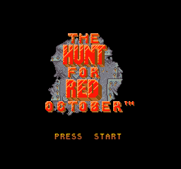 The title screen displays 'THE HUNT FOR RED OCTOBER' in orange pixelated text centered above a gray submarine illustration against a black background. Below the submarine, 'GREMLIN™' appears in orange text. At the bottom, menu options 'PRESS START' are shown in orange lettering. The overall composition uses a limited color palette of orange, gray, and black typical of early 1990s SNES title screens.