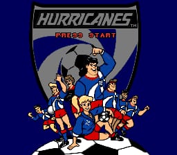 The title screen features a large "HURRICANES" logo at the top in metallic gray text against a dark blue background. Below sits a shield-shaped emblem containing an illustrated man in a blue suit and hat at center, surrounded by five cartoon characters in colorful outfits arranged in dynamic poses. A "PRESS START" prompt appears in the middle-lower section. The art style uses bright primary colors with simple sprite-based character designs typical of early 1990s SNES graphics.