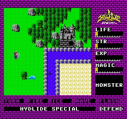 An overhead view displays a green landscape with scattered brown trees, a gray stone castle structure in the center, and a blue water feature at bottom. The player character appears as a small sprite left of center. The right side shows a purple status panel listing LIFE, STR, EXP, MAGIC, and MONSTER stats with corresponding bar indicators. The interface includes "HYDLIDE SPECIAL" at bottom left and "DEFEND" at bottom right. The color palette uses bright green, purple, beige, brown, and blue tones typical of 8-bit NES graphics with visible pixelation throughout.