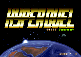The title screen displays "HYPER DUEL" in large yellow italicized letters at the top center. Below the title, a copyright notice reads "©1993 Technosoft". The background shows Earth viewed from space with blue oceans and brown continents against a black starfield. In the lower right corner, white text reads "CREDIT 0". The overall color palette consists of gold, blue, brown, black, and white on a dark background.