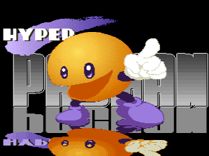 A large golden-yellow circular character with wide blue eyes occupies the center of the screen, wearing purple gloves and purple shoes. The character stands against a gray pixelated cityscape backdrop with tall rectangular buildings. The word 'HYPER' appears in white text at the top-left in a stylized font with a purple accent line, while 'PACMAN' is displayed in purple text at the bottom-left. A smaller orange circular character with similar facial features sits below the main character. The overall color palette consists of bright yellows, purples, whites, and grays typical of mid-1990s arcade sprite graphics.